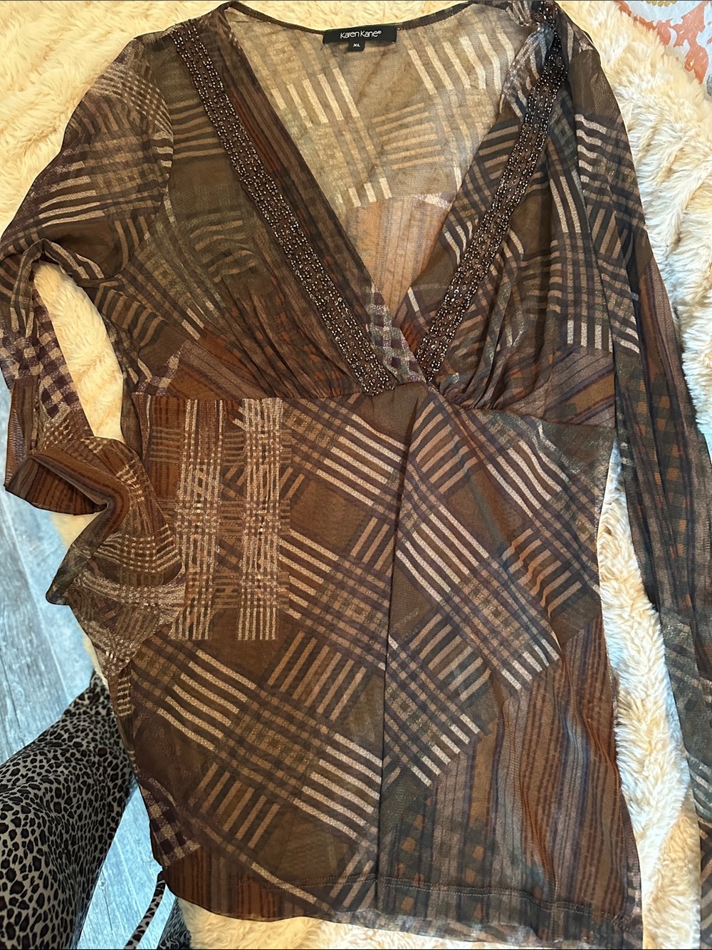 Sheer Chocolate Stretchy Sleeve Mesh Blouse w Metallic Beading